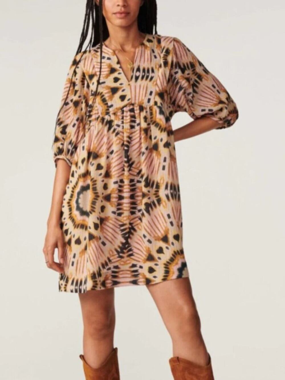 ba&sh Cleo Ikat Print Puff Sleeve Mini Dress Size M